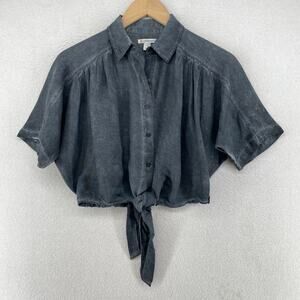 SISSTREVOLUTION Top XS Linen Blend Crop Shirt Button Up Dolman Tie Front Gray
